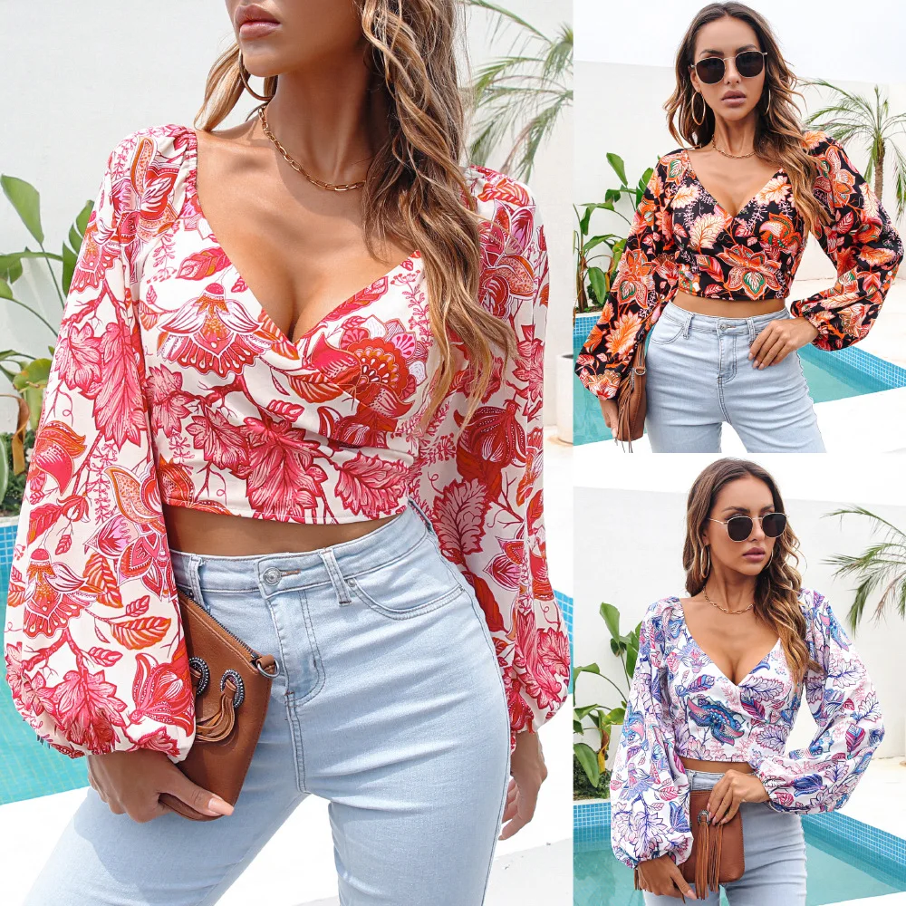 

Spring Summer Chiffon Shirt Cross V-neck Tops Printed Open Navel Top Lightweight Breathable Streetwear Fashion White Red Black