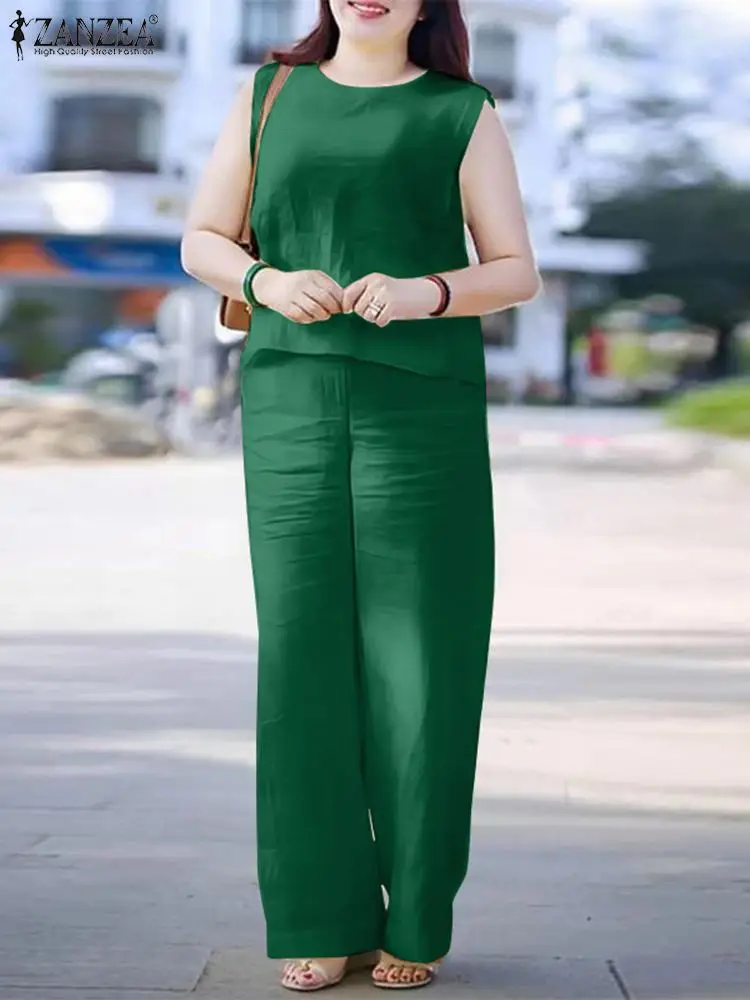 

ZANZEA Summer Fashion Women Matching Sets Causal Sleeveless Blouse & Wide Leg Pant Sets Solid Work Tracksuits Oversize Pantsuits