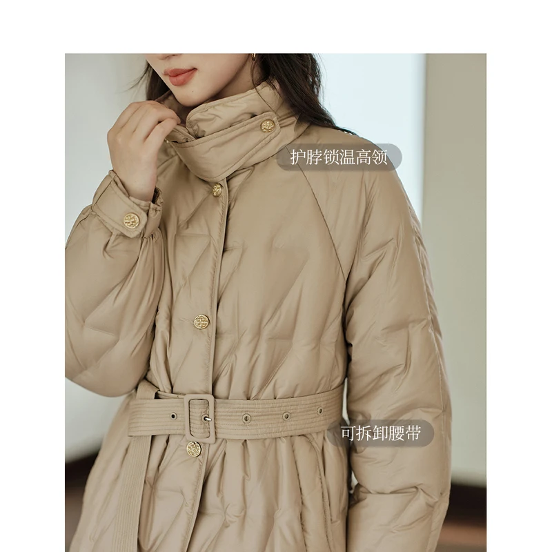 INMAN Women Long Down Jacket 2023 Winter Stand Collar Loose Thick Coat Lace Up Waist Design Warm Fashion Khaki Apricot Overcoat