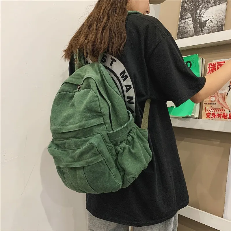 

2023 New Women Cotton Canvas Cute Student Bookbag Travel Backpack Fashion Rucksack for Teen Girls School Bag Khaki Green Bag