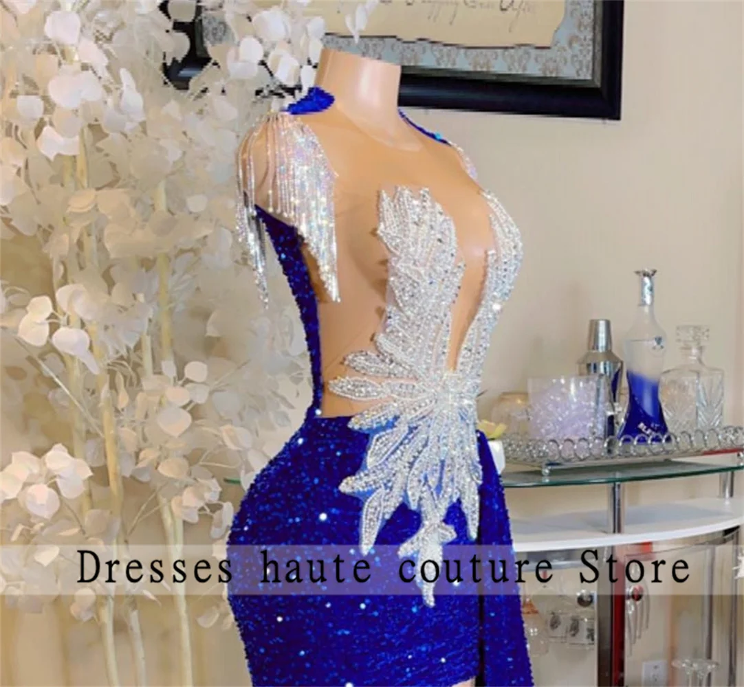 Royal Blue Sequins Beaded Short Mermaid Prom Dresses With Train Mini Cocktail Gowns Party Dresses Vestidos De Fiesta