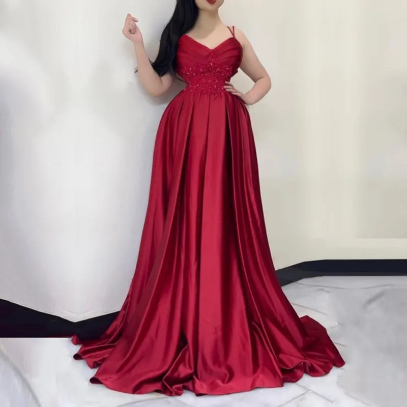 

Eightale Arabic Evening Gowns Spaghetti Strap Appliques A-Line Red Formal Occasion Satin Prom Party Dress Robe Soiree