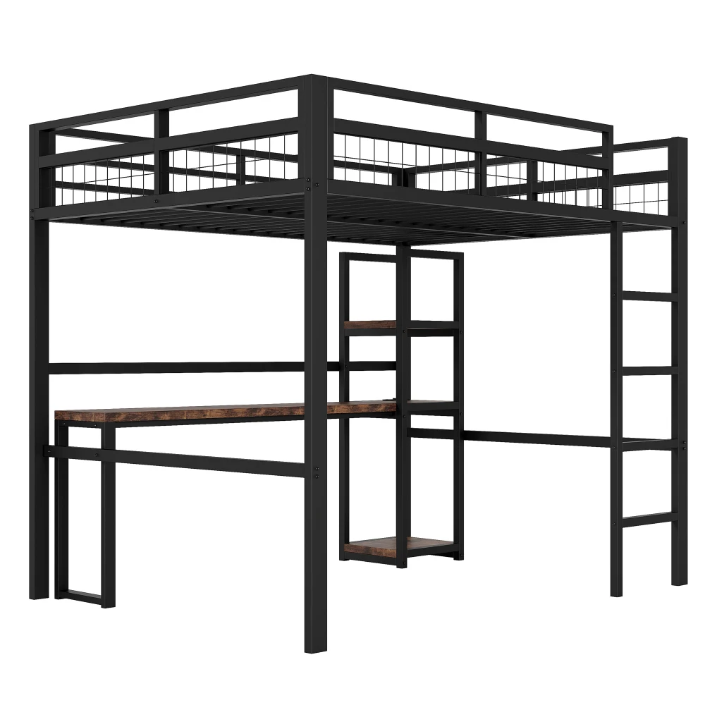 Multifunktionales Hochbett 140 x 200 cm – stabiler Eisenrahmen mit integriertem Schreibtisch (Steckdose + USB-C), vielseitige Einsätze, ohne Matratze – Detail 14