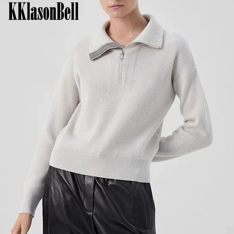 

12.22 KKlasonBell Turn Down Collar Half Zipper Bead Chains Cashmere Long Sleeve Knitted Pullover Sweater Women