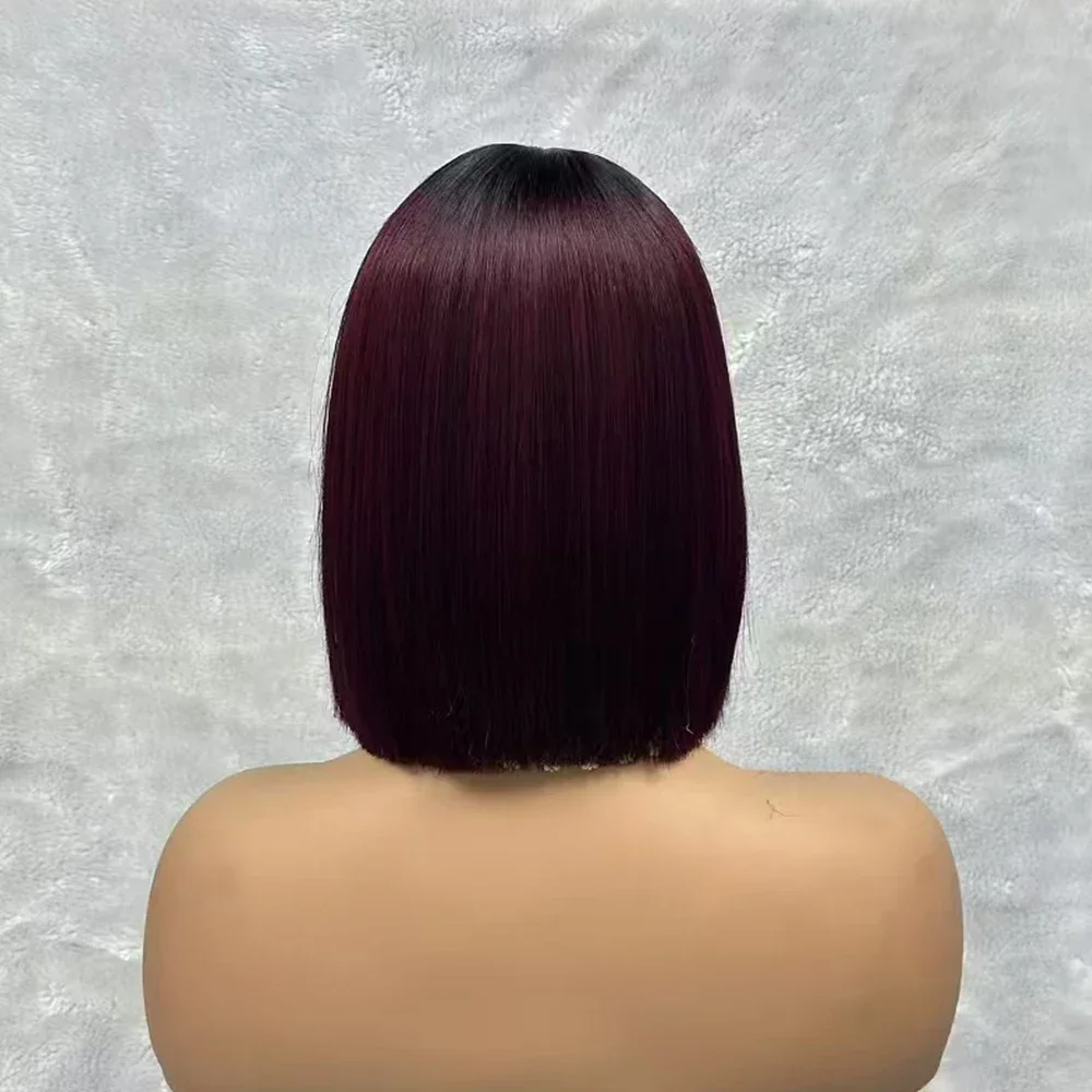 Human Hair Wig 99J Wine Red Short Bob Virgin Brazilian Bone Straight Bob Hair 2x6 Lace Closure Wig for Women with Baby