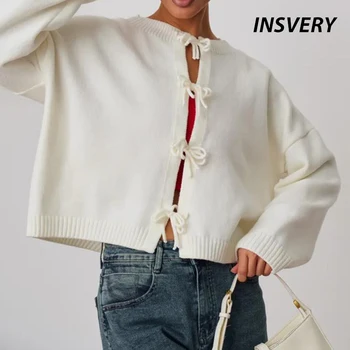 Nuovo maglione autunno inverno cardigan donna o collo maglioni corti con lacci per donna maglione lavorato a maglia casual a maniche lunghe moda 1