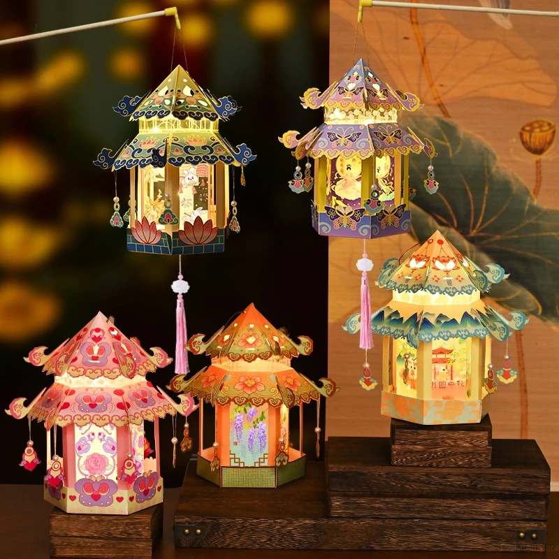 Mid Autumn Festival Lantern Palace Shape DIY Lantern Handmade Luminous Lamp Holiday Hanging Light Decor Birthday Gift Lanterns