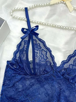 Sensual Lingerie Transparent Lace Bra Kits Crotchless Female Underwear Set Dark Blue Hollow Exotic Sets Tempation Intimate Goods 4