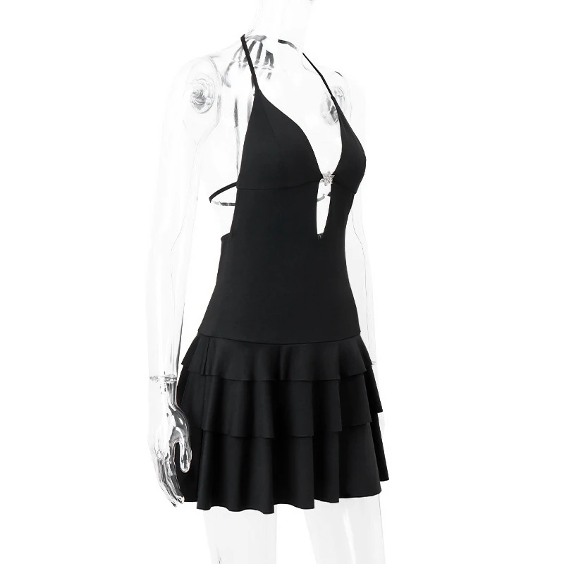Halter Neck Dress y2k Clothes Women Black Sleeveless Backless Layered Ruffled Hem A-line Shorts Cake Dress Clubwear
