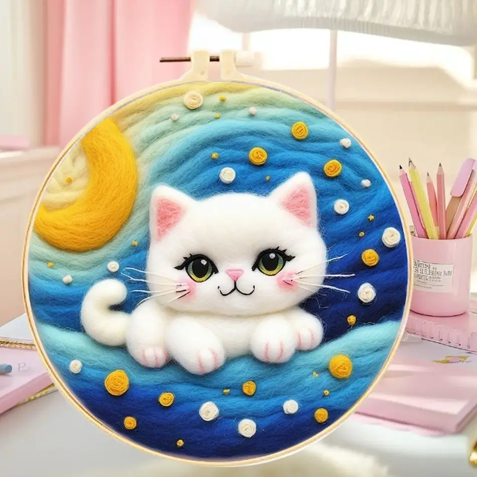 RUOPOTY Cat Pattern Needle Felting Painting Kits For Adults Complete Needle Felting Starter Kits Animal With Embroidery Frame