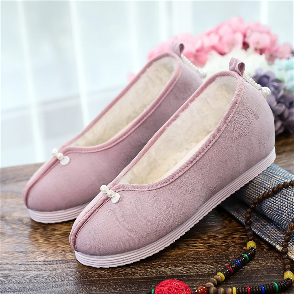 Autumn Winter Ancient Style Hanfu Shoes 1 pair Solid Color Thickened Shoes Hidden Heels Round-headed Single Shoe Women Girl Gift cosplay shoes