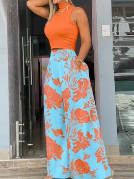 Plus Size Printing Two Piece Set Women Casual Solid Sleeveless Tank Top Wide Leg Pants Two Piece Set 2025 Fashion Clothing 1