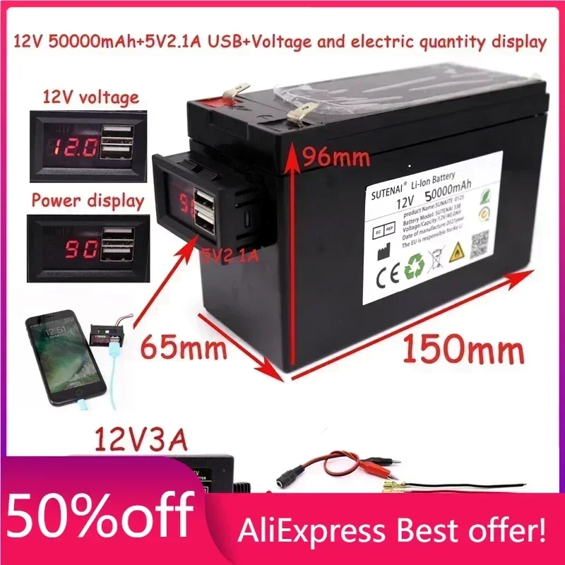 

Power and voltage display 12v50a 18650 lithium battery + 5v2.1a USB for solar, children's car and electric vehicle batteries