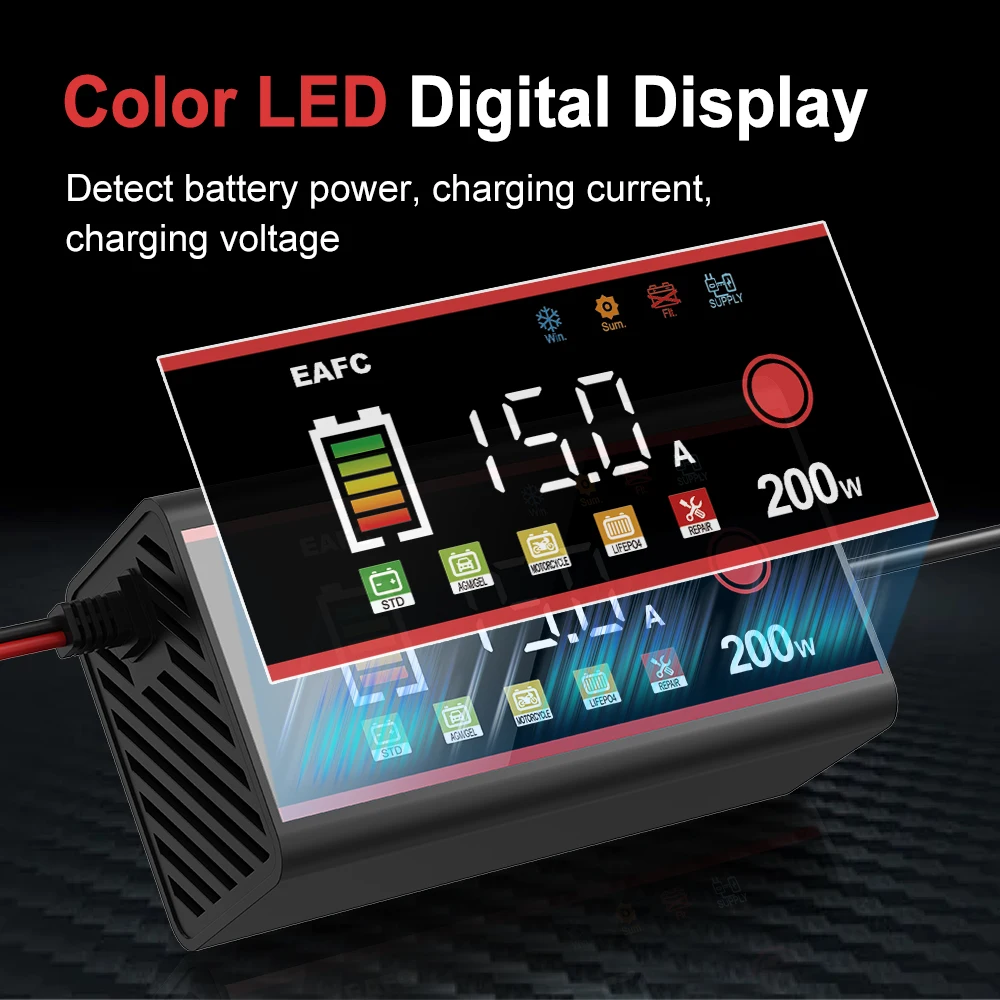 EAFC 200W/100W Automatic Car Battery Charger 12V 15A/8A for Lead-Acid, LiFiPO4, GEL, and AGM Batteries