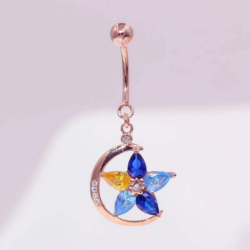 

MIQIAO New 925 Sterling Silver Piercing Belly Button Rings Body Jewelry Sexy For Woman Colored Zircon Star Moon Group Rose Gold