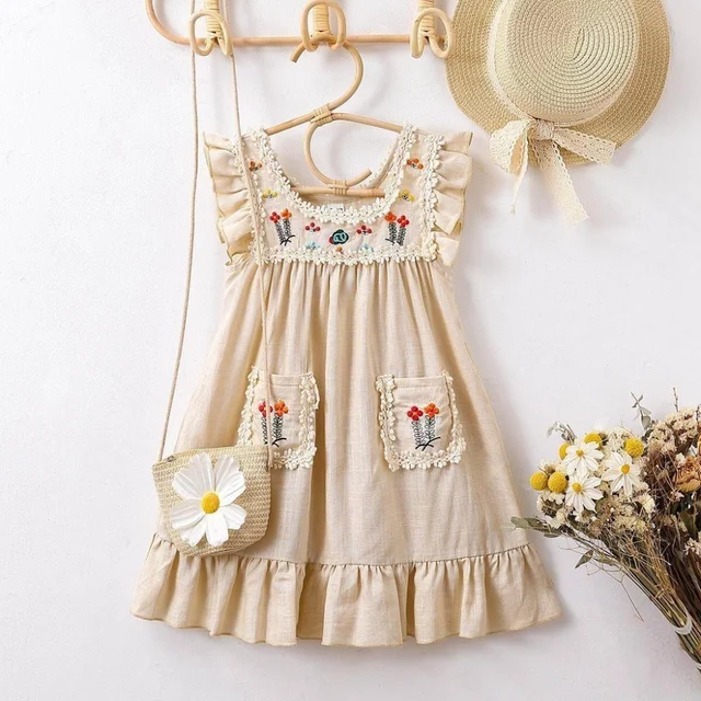Robe brodée à volants pour filles, robes pour enfants, bord, fibre, dentelle, col rond, poche, vêtements pour enfants, été, ingent 1