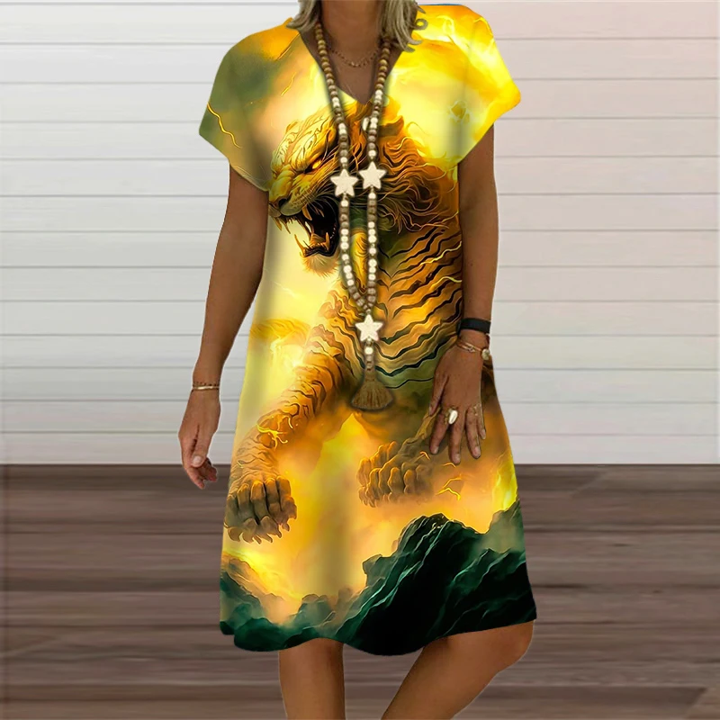 White Tiger Graphic Dress Short Sleeve 3D Animal Printed Women