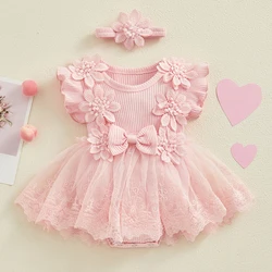 Baby Girl 2 Piece Outfits Mesh Lace Patchwork Ruffle Romper Dress and Headband Cute Fashion Summer Clothes