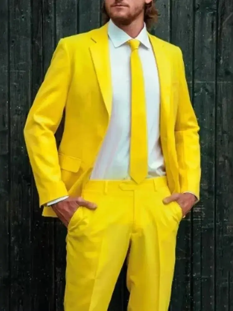 Elegant Yellow 2-Piece Slim Fit Men's Suit Single Breasted Blazer Pants Set for Party Prom Wedding Groom Tuxedo Business