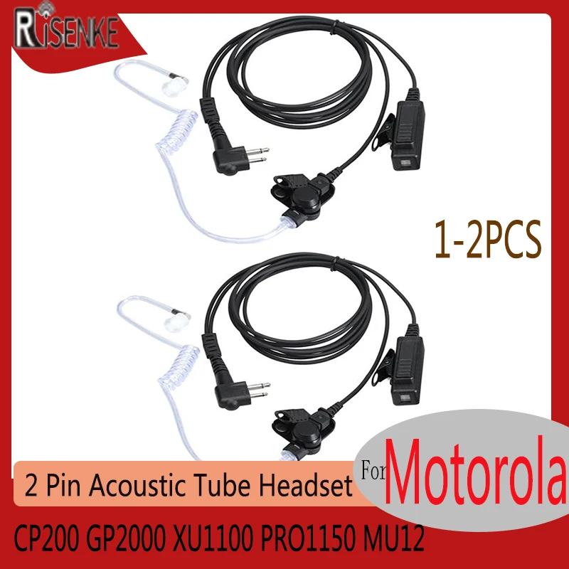 RISENKE-Earpiece for Motorola Walkie Talkie, Acoustic Tube Headset with Mic and PPT, CP200, GP2000, XU1100, PRO1150, MU12, 2Pcs acoustic tube earpiece coil tubes replacement fbi style for two way radio headsets motorola kenwood walkie talkie 2pcs