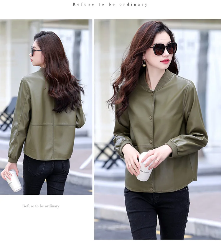 New Women Casual Leather Jacket Spring Autumn Fashion Patchwork V-Neck Single Breasted Loose Short Outerwear Split Leather