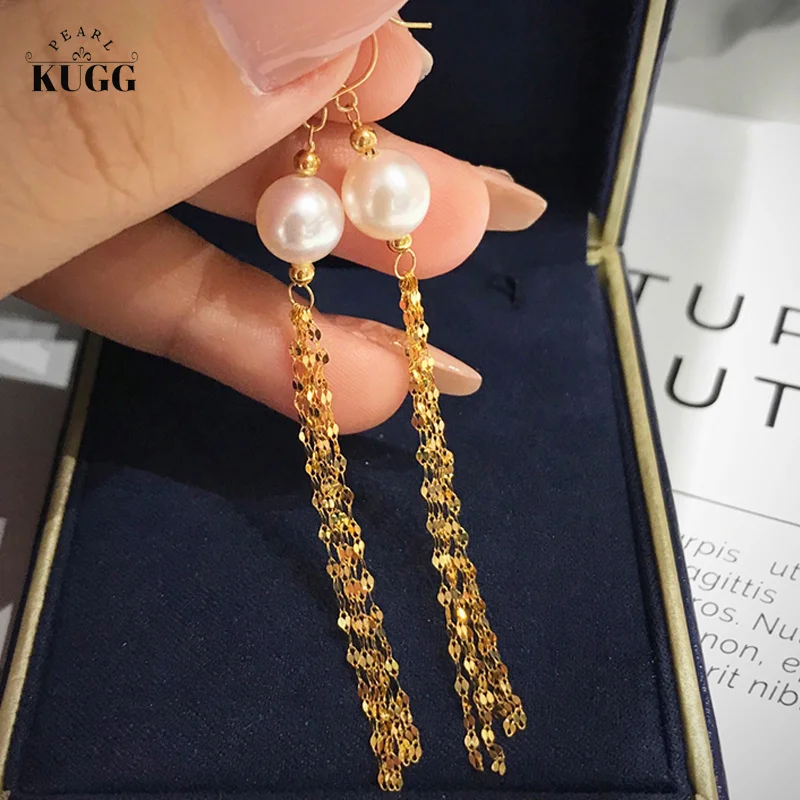 Kugg-パールイヤリング,18kイエローゴールド,8〜9mm,ナチュラル 