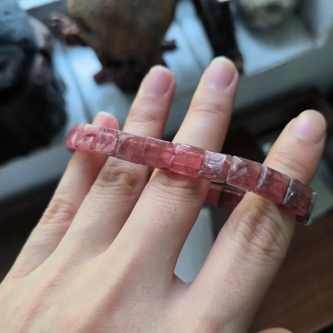 1pcs/lot Natural Rhodolite Bracelet square beads pink water female retro accessories gem jewelry amulet folk-custom high quality