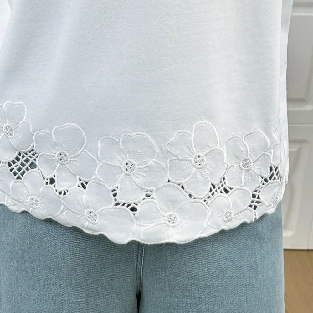 2025 Summer Top New Fashion Hem Lace Flower Patchwork Short Sleeve Tees 100KG Plus Size Women T-shirt 727