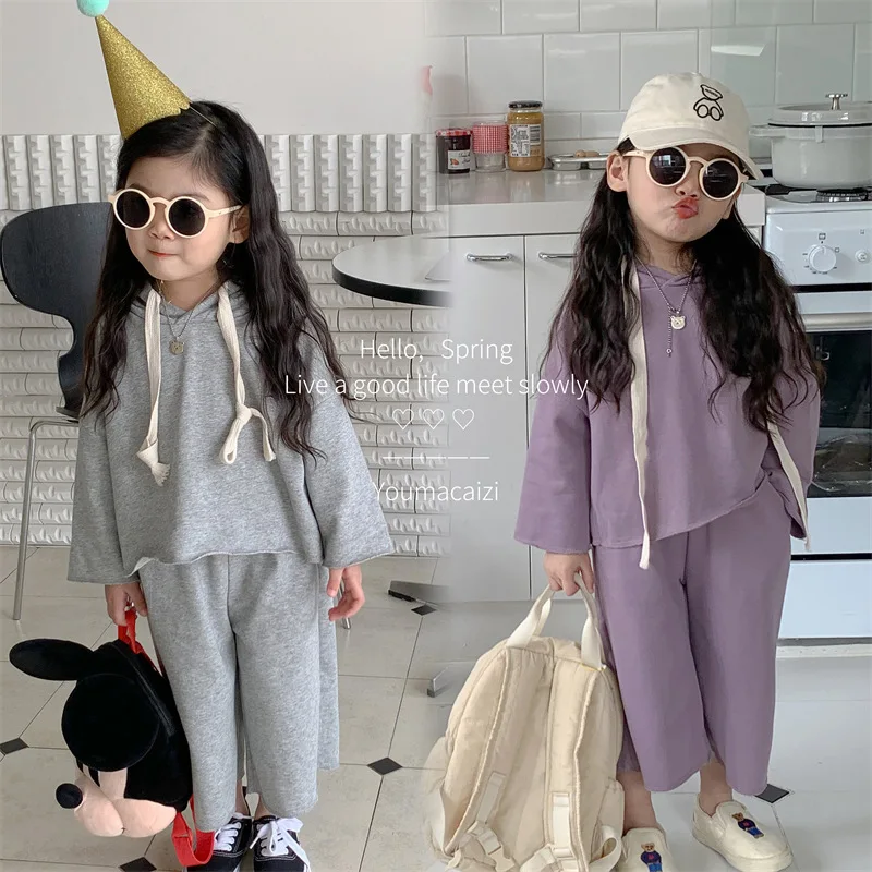 

Children Set 2023 Korean Style Spring and Autumn New Girl Baby Solid Color Hooded Hoodie and Wide Leg Pants Two Piece Set