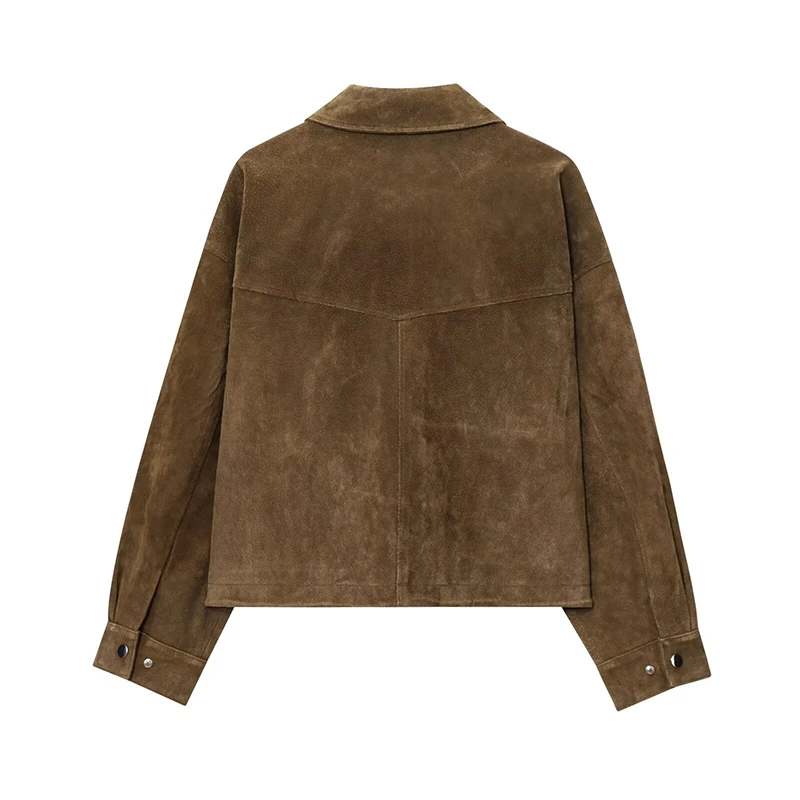 Veste bomber en similicuir pour femmes avec poches plaquées sur le devant, manches longues, fermeture éclair, manteau d'automne-hiver 2026, vêtement d'extérieur ample.