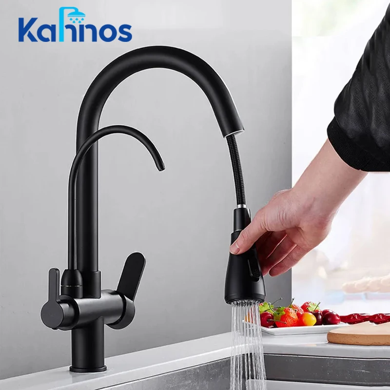 

Kitchen Pull Out Spray 360 Rotation Water Filter Tap Brass Three Ways Sink Mixer Kitchen Faucet Black Basin Faucet