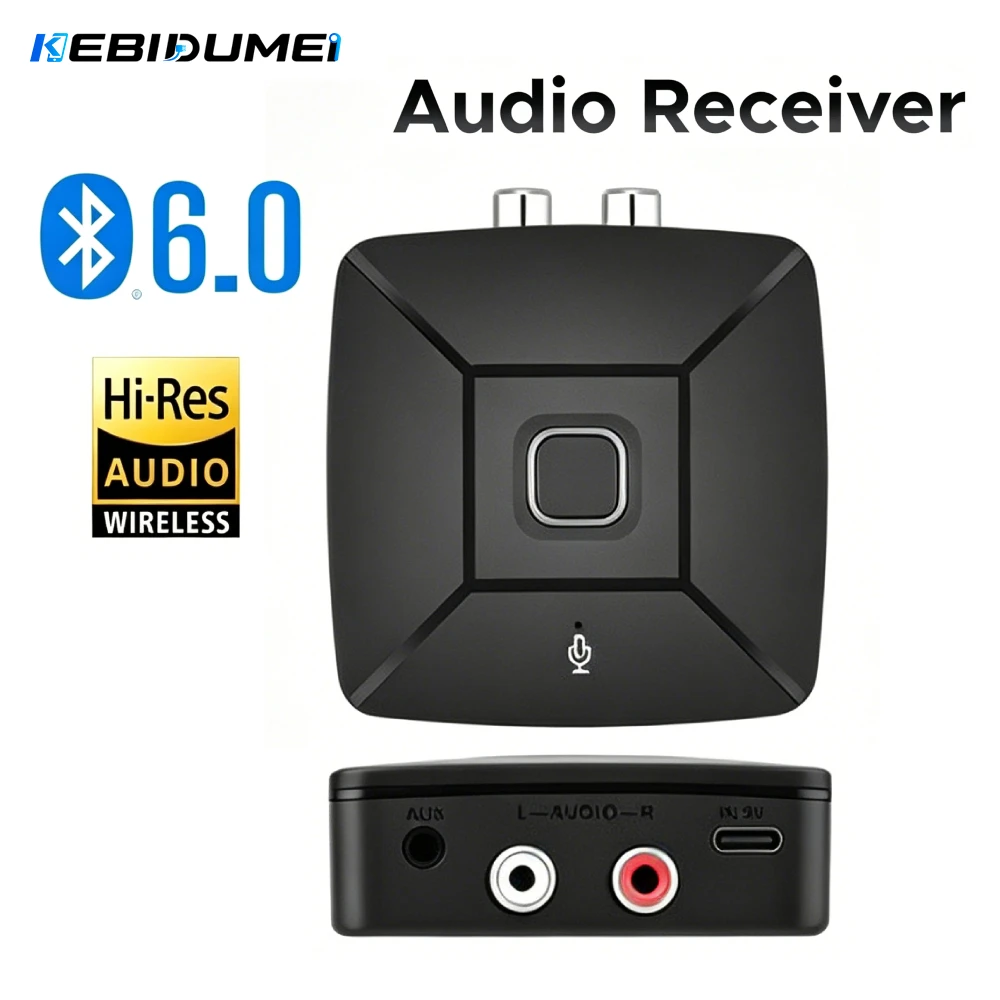 AUX 블루투스 6.0 오디오 수신기 무선 스테레오 음악 하이파이 3.5mm 잭 2RCA 어댑터 수신기(자동차 스피커 PC용 마이크 포함)