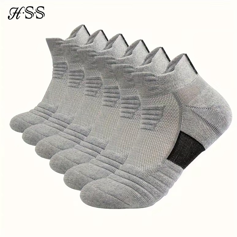 HSS 6 Pairs New Men Sports Running Fitness Flight Short Tube Socks Women's Towel Bottom Basketball Socks Solid Color Black Socks