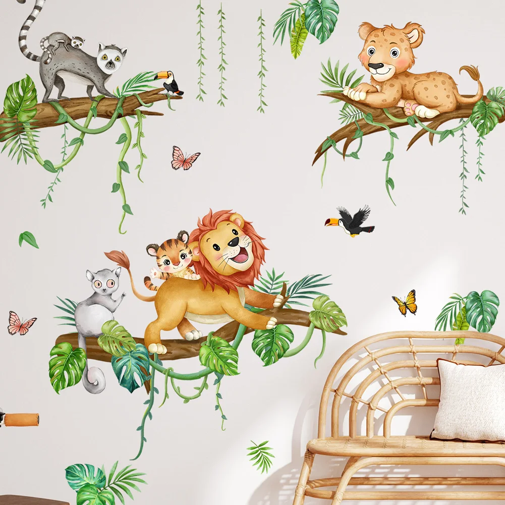 Cartoon Forest Animals Wall Sticker For Kids Room Bedroom Decoration Mural Cute Lion Raccoon Nursery Decor Self-adhesive Decals wall stickers vinyl decal stickers