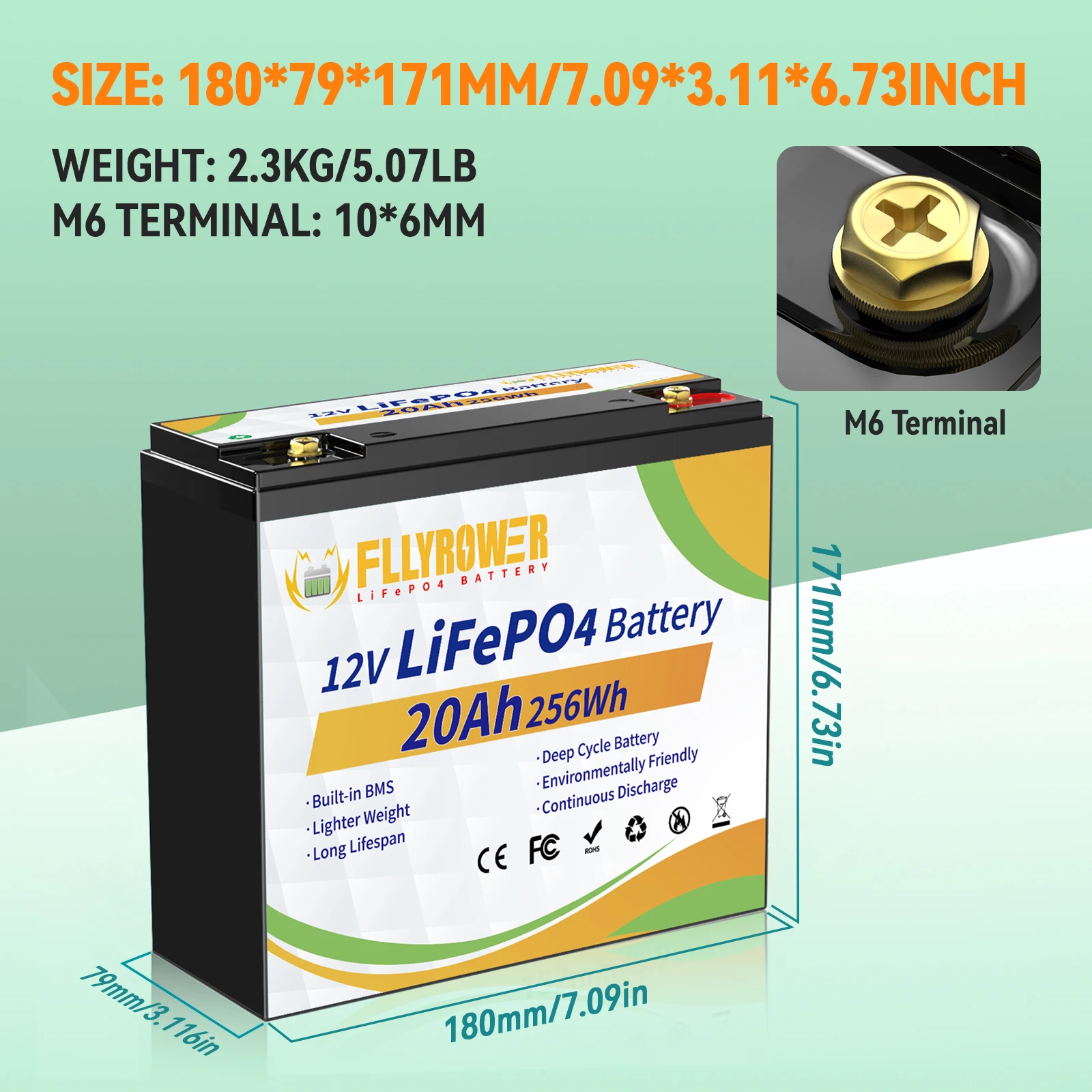 FLLYROWER 12V 20AH LiFePO4 Lithium Battery Pack 4000+Cycles For Fish Finder Light Kids Car Camping UPS 12.8V Lithium Battery