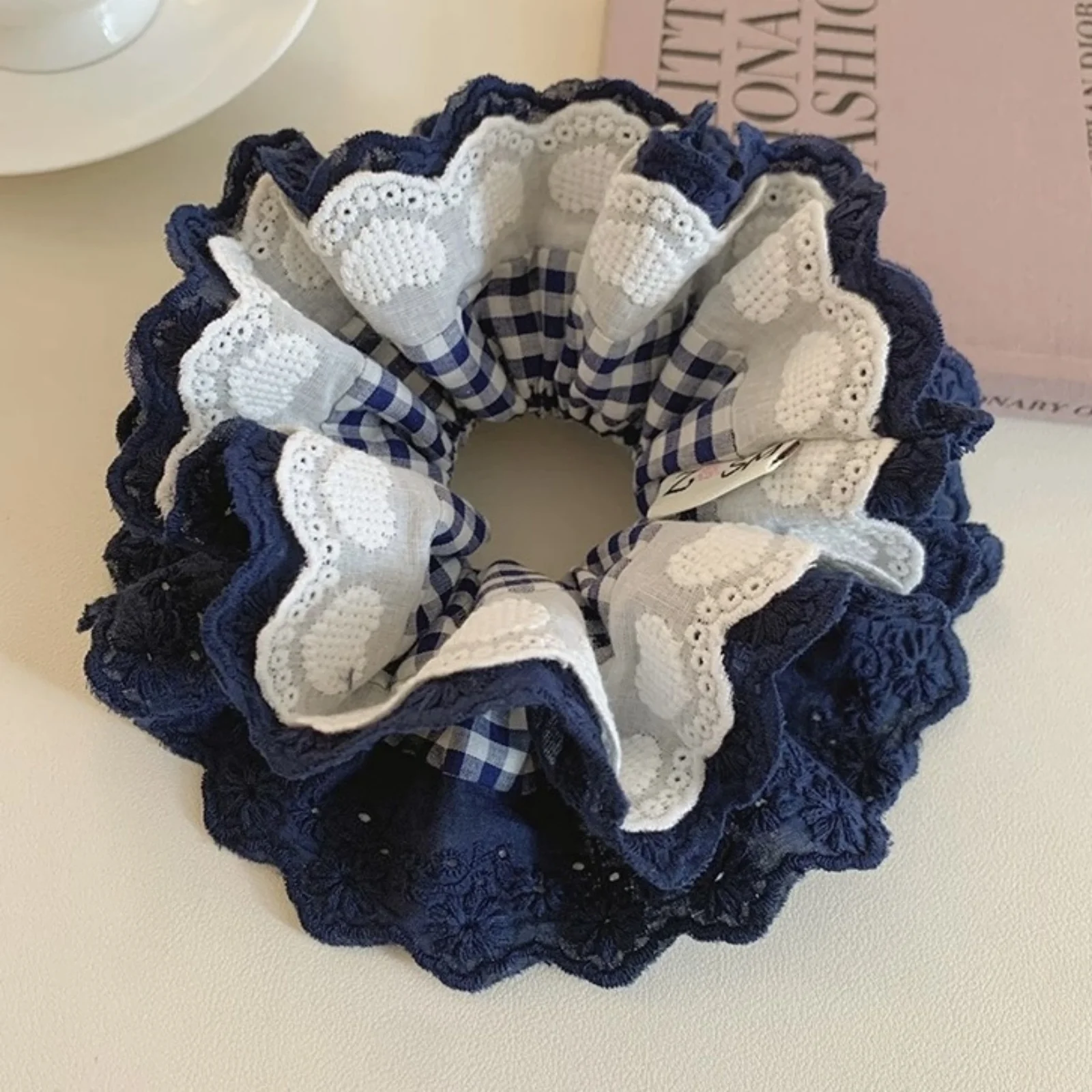 1PC Large Navy Blue Plaid Hair Scrunchie With Lace Trim, Chic Ruffled Hair Tie, Stylish Hair Accessory For Women