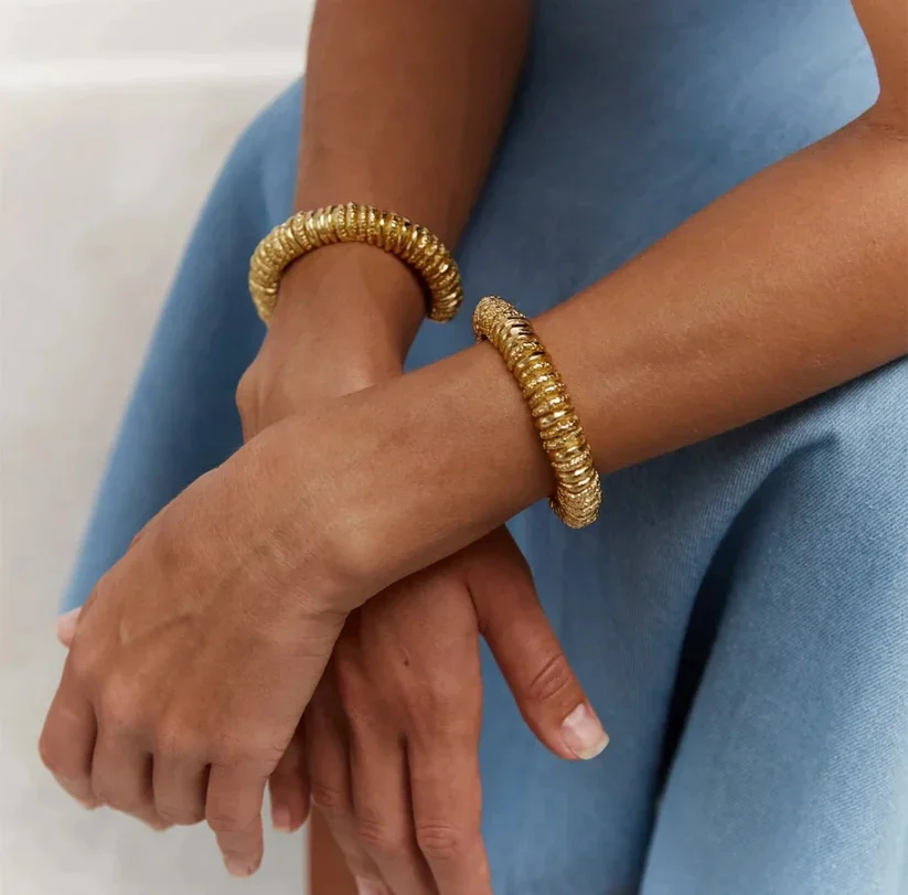 Punk Vintage Metal Texture Stackable Open Bracelet for Women Gold Plated Geometric Adjustable Jewelry Fashion Accessories Gifts 4