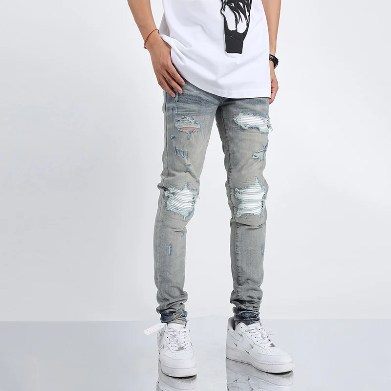 Street Fashion Men Jeans Retro Washed Light Blue Stretch Skinny Ripped Jeans Men Leather Patched Designer Hip Hop Brand Pants