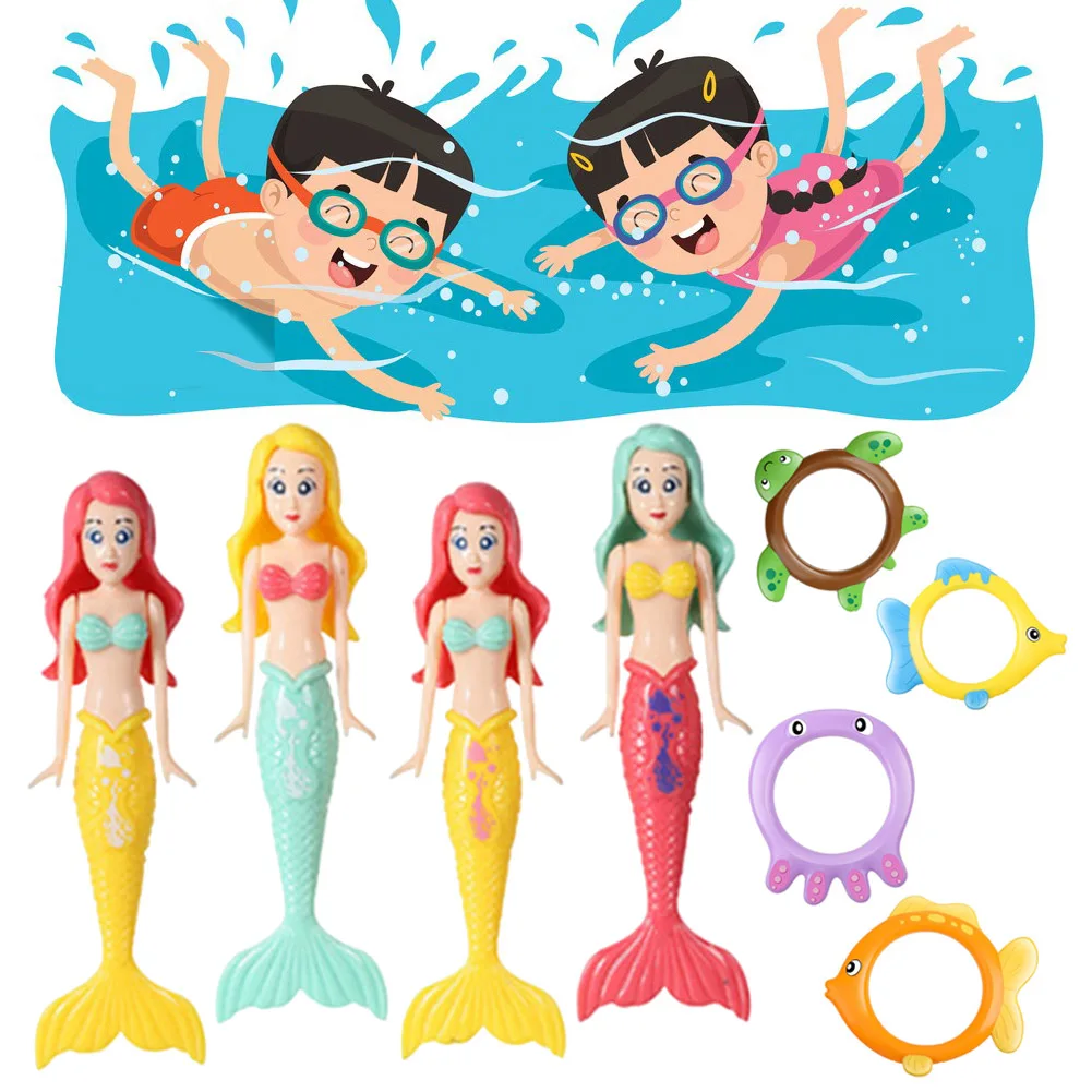 8Pcs Swimming Pool Toy 4 Rings and 4 Mermaids Diving Mermaid Toy Multicolor Pool Sinking Set Cute for Kids Toddlers