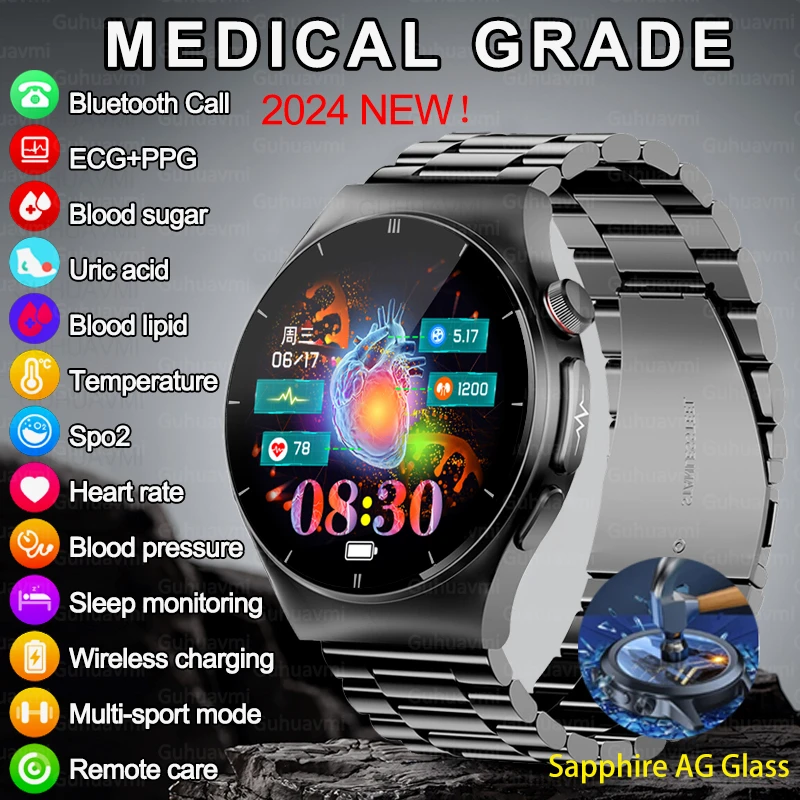 Non Invasivo Blood Sugar Blood Lipid Smart Watch Acido Urico Health Monitor Ecg + Ppg Sport Bluetooth Call Smartwatch Per Uomo Donna