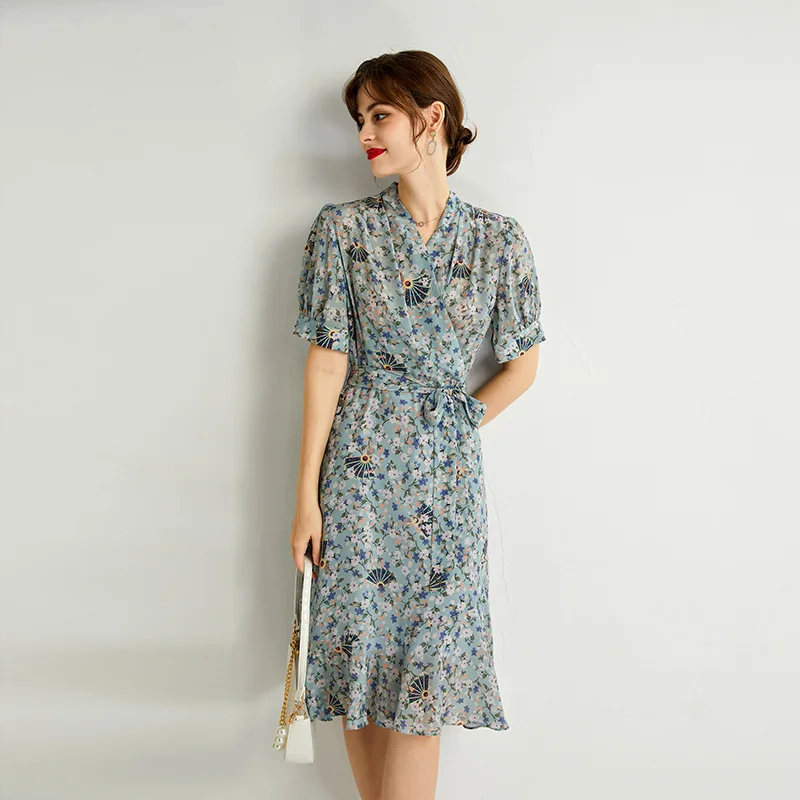 

Natural Silk Dress for Women, Elegant V-Neck, Waist Lace-up, Mulberry Silk, Floral Printing Dress