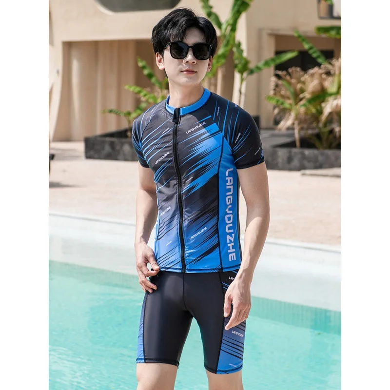 Men's 2pcs Full Set Rash Guard, UV Sun Protection Quick Dry Swim Shirt+Boy Shorts, Water Surf Swimsuit Bath Suits Lycra Clothing