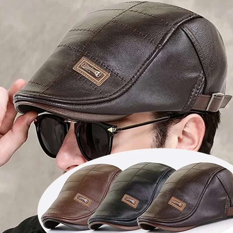 

Men Fashion Retro PU Leather Beret Hats Autumn Winter Warm Beret Hat Middle-aged Men's Visor Warm Flat Peaked Cap Adjustable