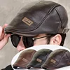 Men Fashion Retro PU Leather Beret Hats Autumn Winter Warm Beret Hat Middle-aged Men's Visor Warm Flat Peaked Cap Adjustable 1