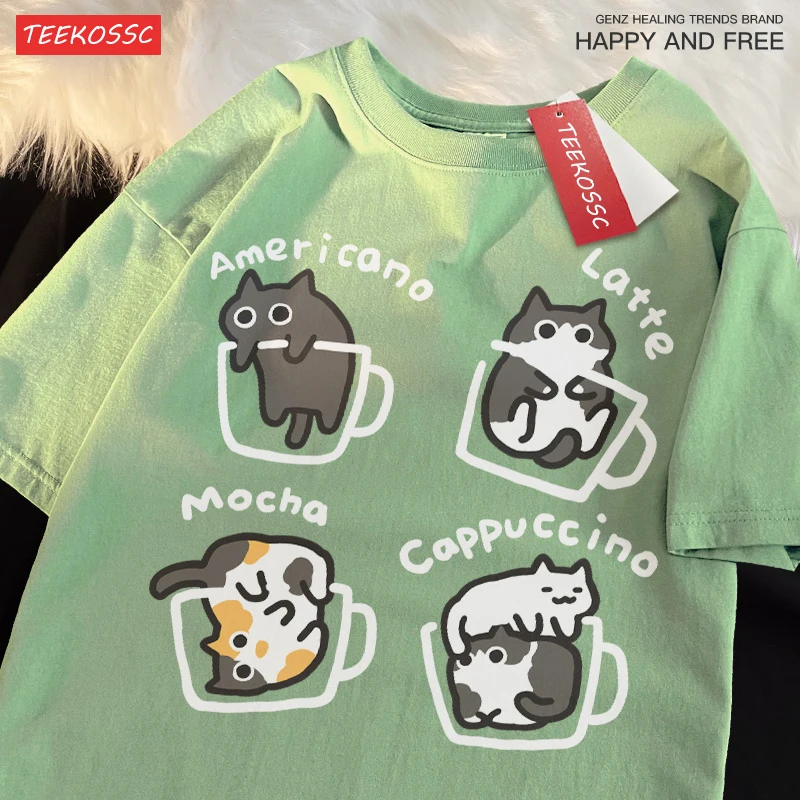 Cat Coffee Pure Cotton Trendy Summer Loose Short Sleeved T-shirt Men Unisex Original Mocha Latte Cat Three Flowers Fun Cat Tees