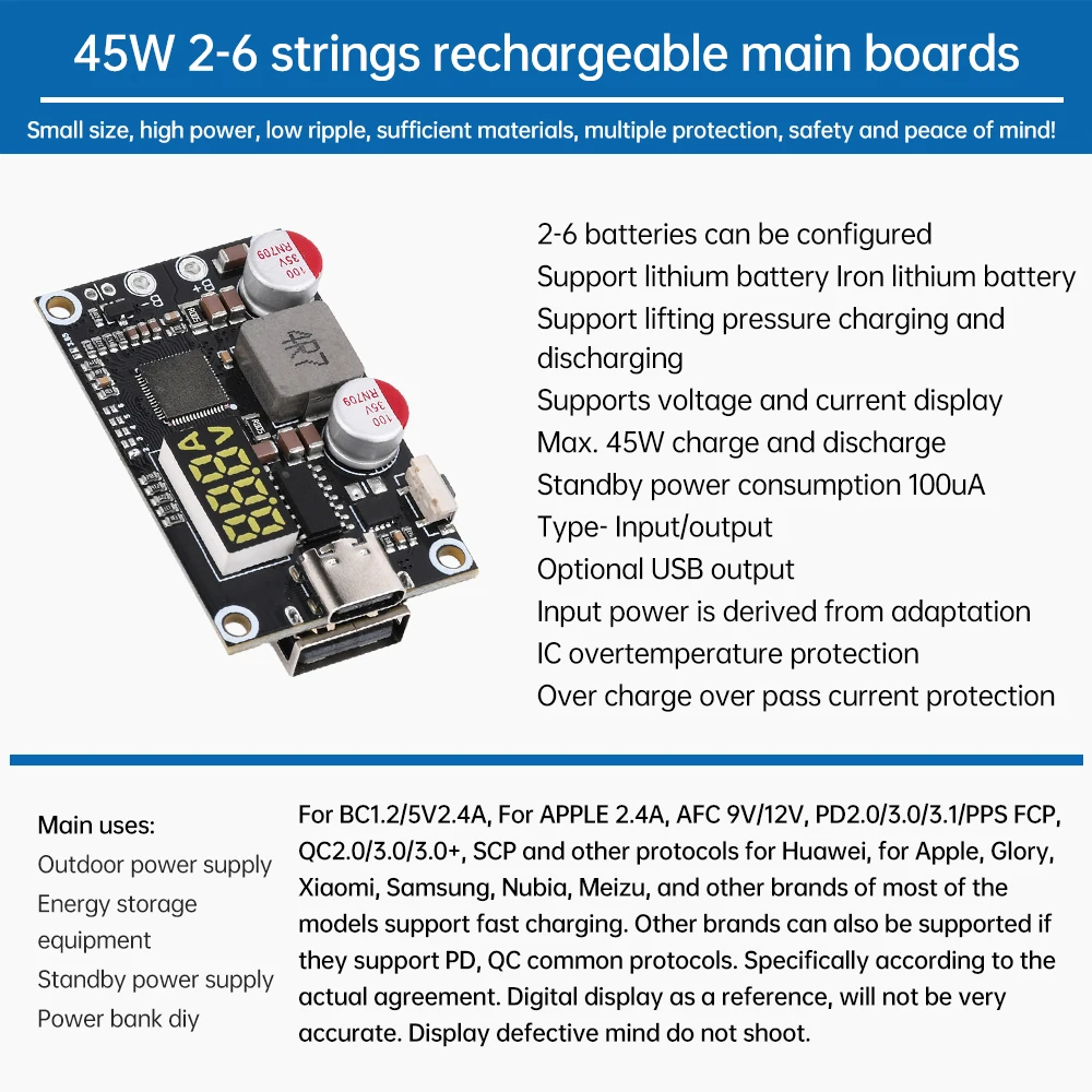 PD 45W Lithium Battery Charger Discharger Module with Type-C USB Fast Charging