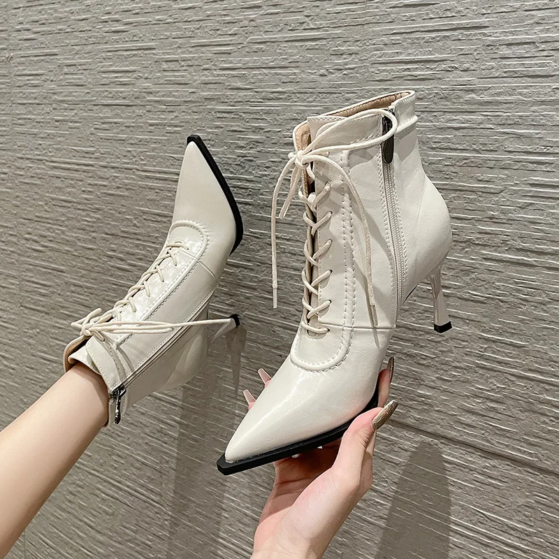 8288-2 Pointed 2023 Autumn/Winter Fashion High Heel Short Boots Lace up Thin Heel Side Zipper Women's Boots