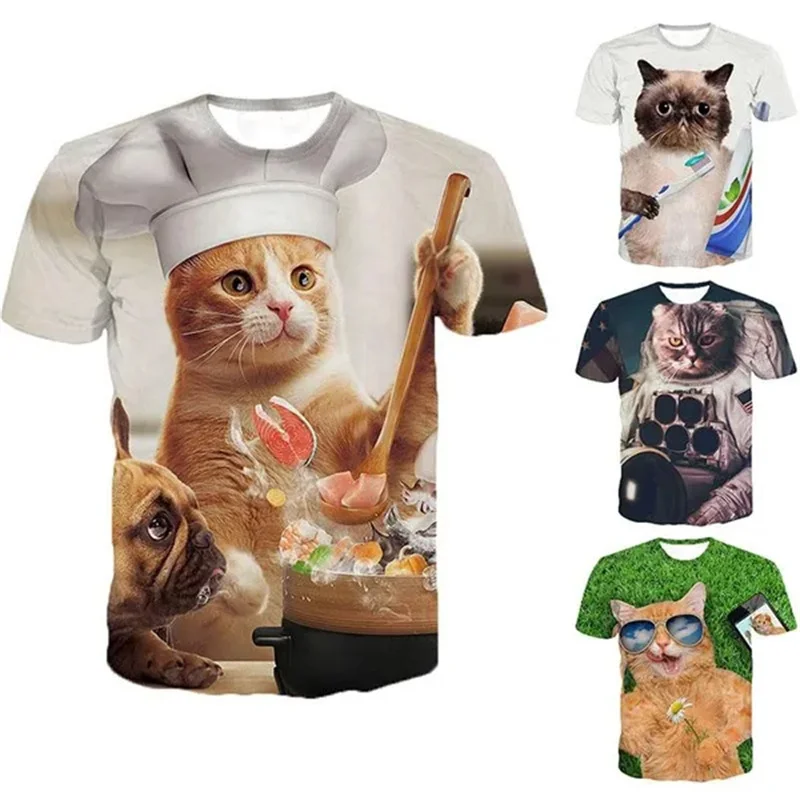 

Funny Animal Graphic T Shirts For Men Harajuku 3D Printed Cute Cat Streetwear Y2k Tops Casual Personality Round Neck Unisex Tees