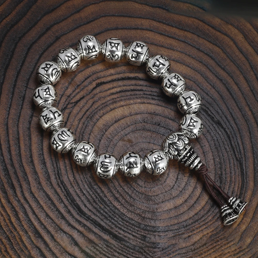 Genuine 990 Silver Buddhist Bracelet Men's Rosary Beads Engraved
