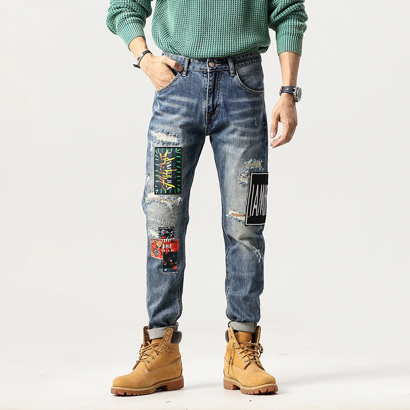 High quality jeans men's trendy elastic slim fit embroidered patch leggings  men ripped jeans men clothing  jeans for men